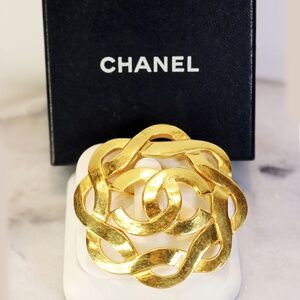 Chanel CC Logo Gold Plated Swirl Brooch with Box ~ Made In France *signed*